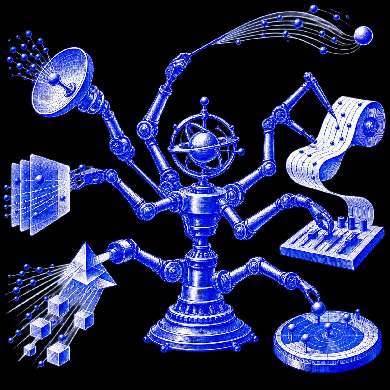A multi-armed mechanical figure operates several capabilities at once.