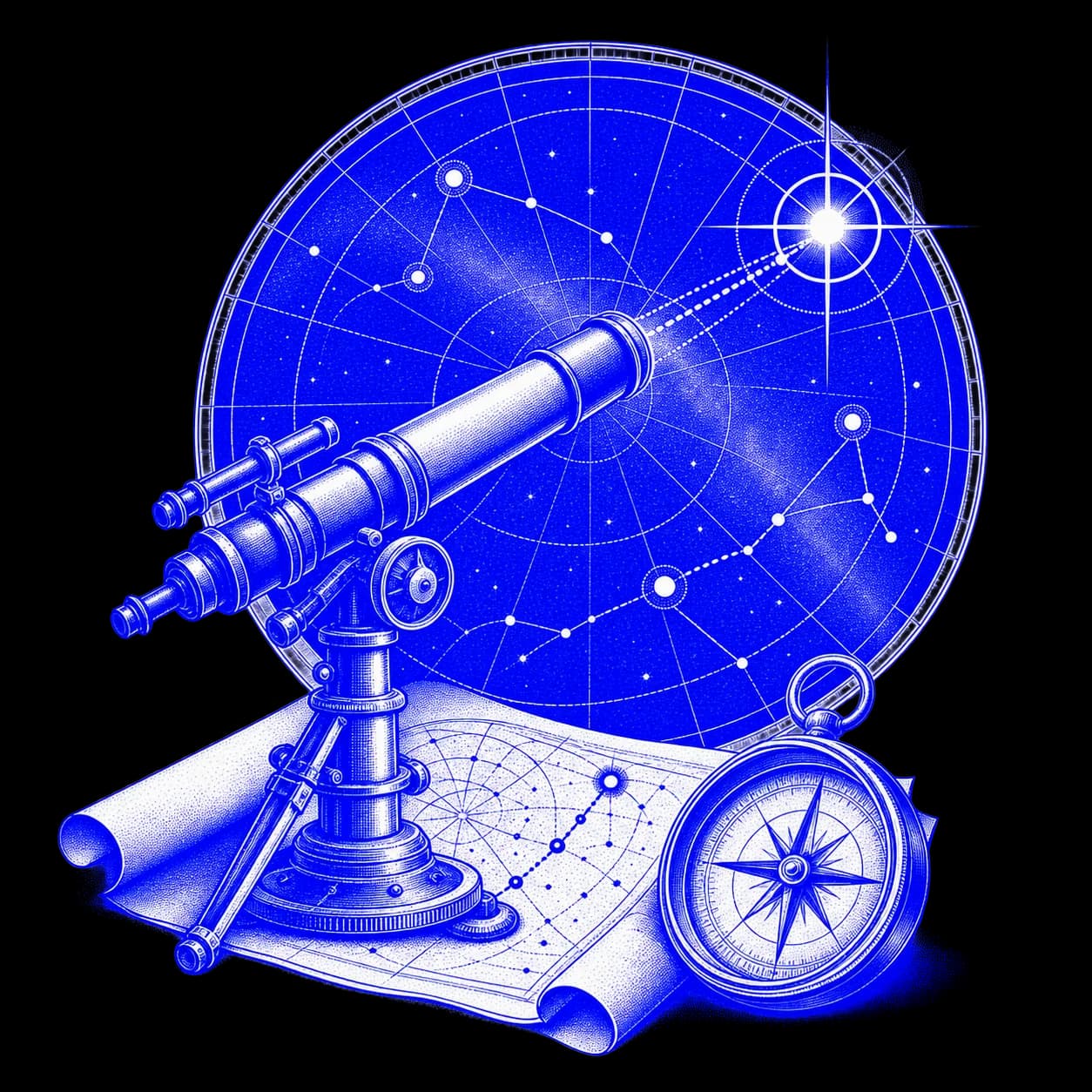 An engraved telescope maps a service constellation toward one endpoint.