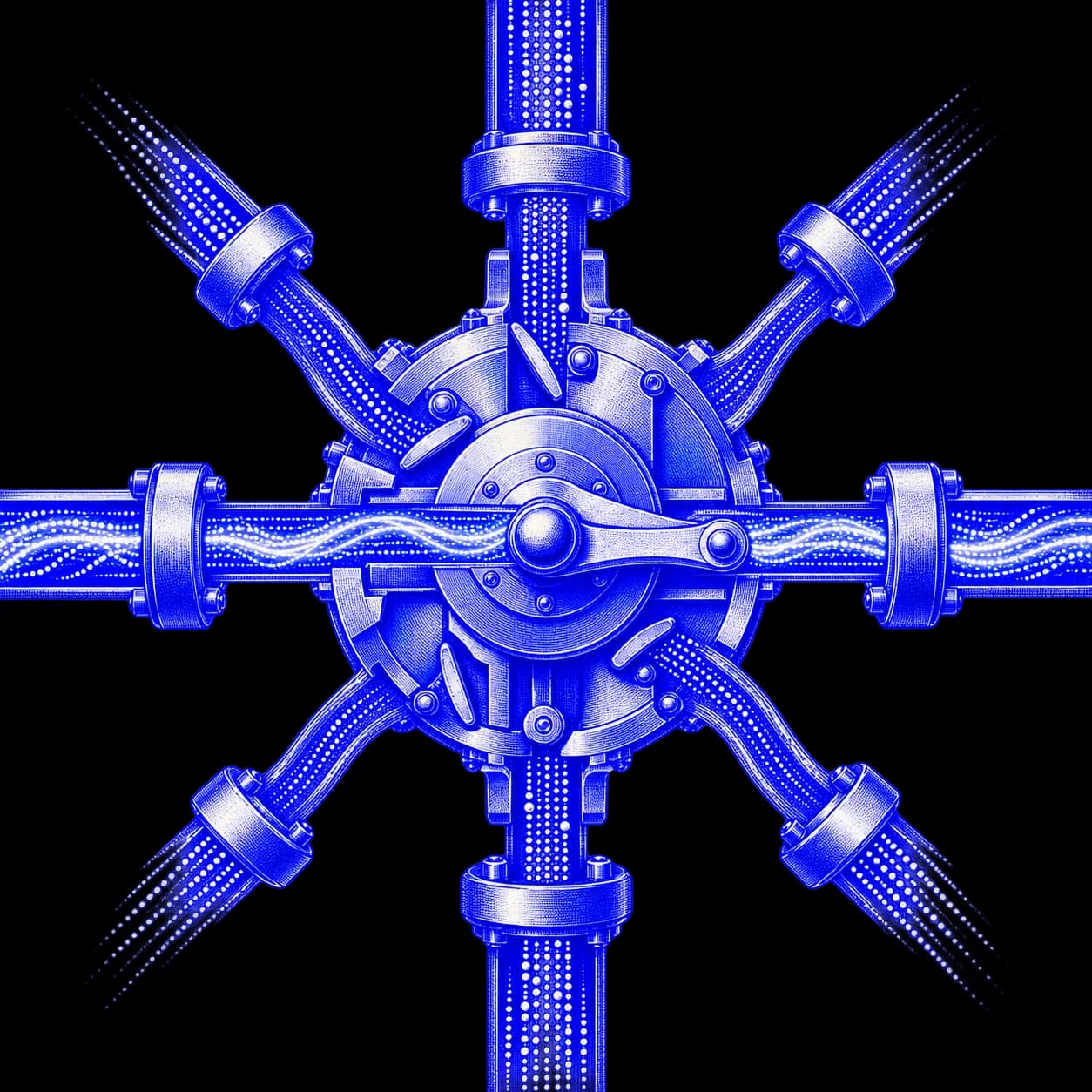 Technical routes converge through an engraved switchboard.