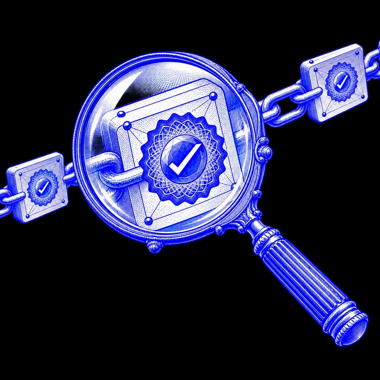 An engraved lens checks a sealed on-chain receipt.